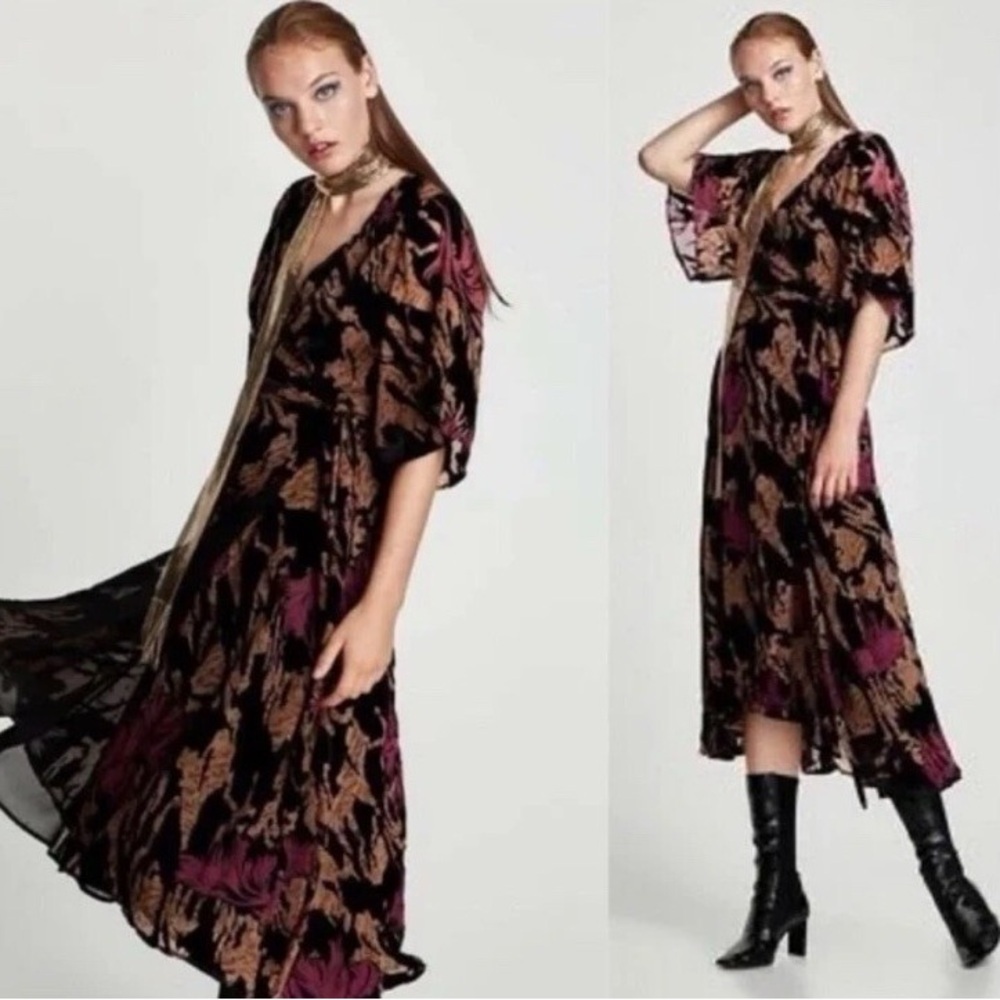 ZARA Devore Burnout Velvet Wrap Midi Dress — XS